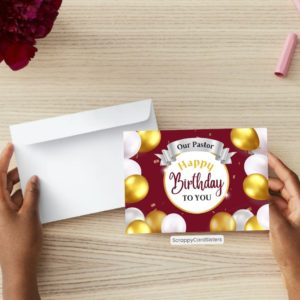 Pastor Happy Birthday Balloon Card – Burgundy (5×7)