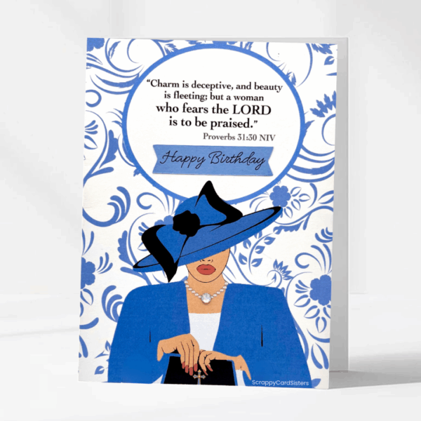 Scrappy Card Sisters Happy Birthday Greeting card with Proverbs 31 scripture in color Blue